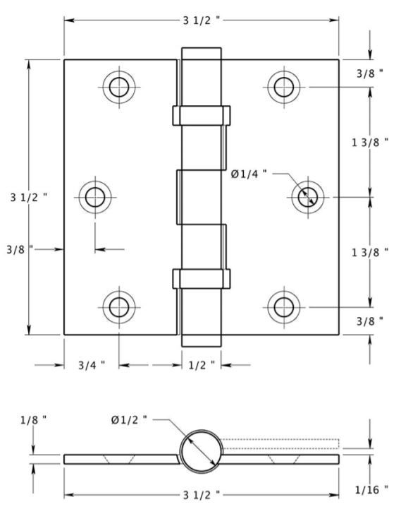 Deltana DSB35B Square Hinge,Fully Mortised, Solid Brass