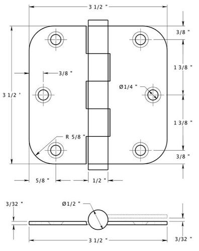 Deltana DSB35R5-R 5 knuckle, plain bearing, Residential hinge, with radius corners